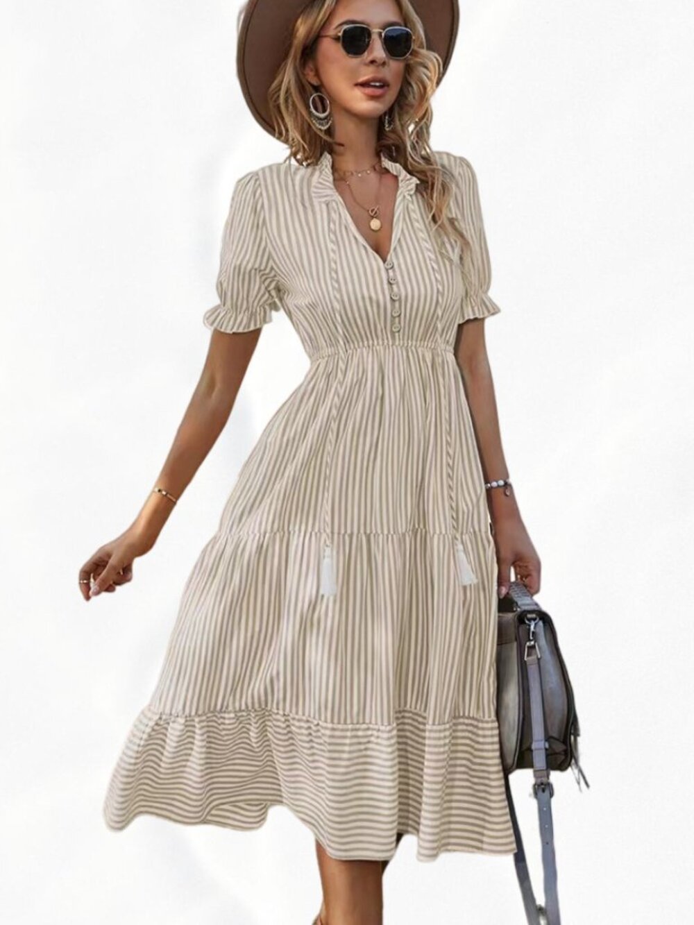 Women's Sage Green Striped Collared Sleeveless Tiered Midi Dress
